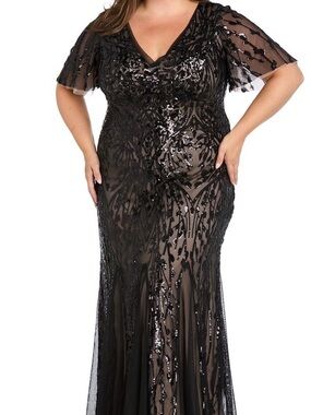 R & M Richards Black Sequin Plus-Size Evening Gown